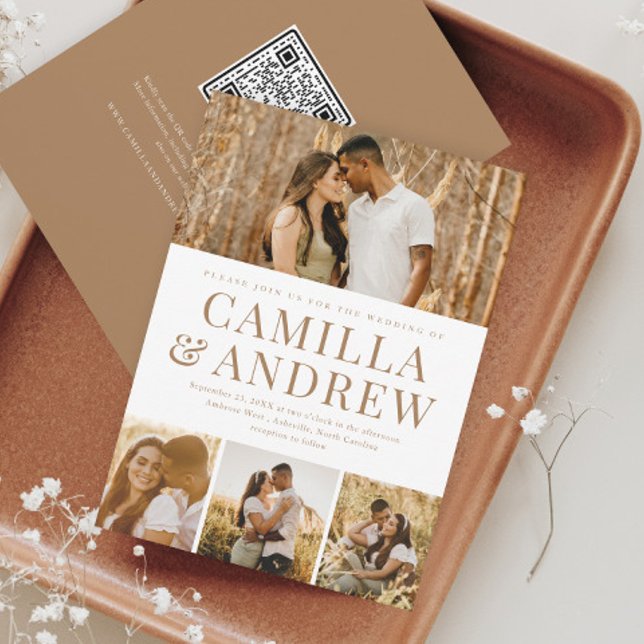 Modern 4 Photo QR Code Rsvp Elegant Wedding Invitation (A modern typography 4 photo  wedding invitation. The back has a QR Code for guests to easily RSVP.)