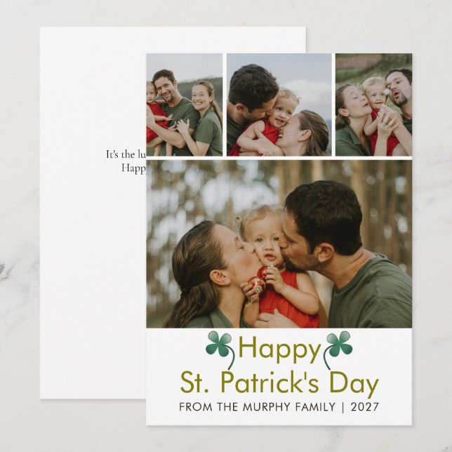 Modern 4 Photo St. Patricks Day Family  Holiday Card (Front/Back)