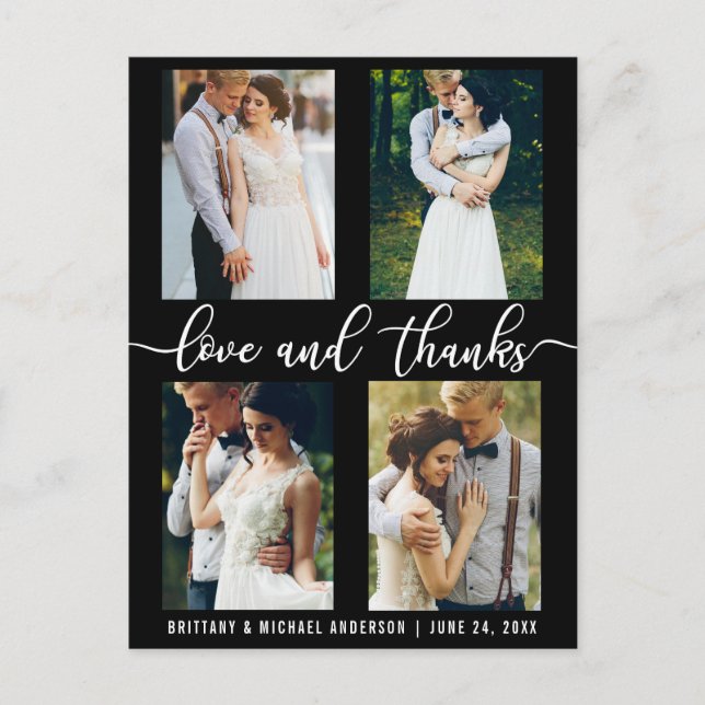 Modern 4 Photo Wedding Love and Thanks Script Postcard (Front)