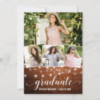 Modern 4 Photo Wood Lights Graduation Announcement