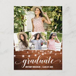Modern 4 Photo Wood String Lights Graduation Party Invitation Postcard