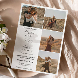 Modern 4 Photos elegant script wedding black white Invitation