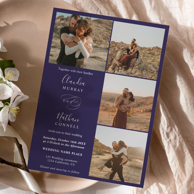 Modern 4 Photos elegant script wedding  navy blue Invitation (Creator Uploaded)