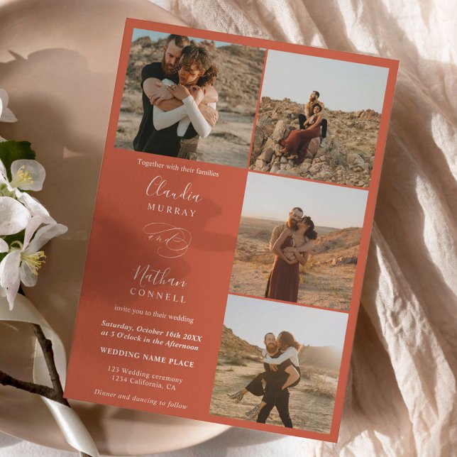 Modern 4 Photos elegant script wedding terracotta Invitation (Creator Uploaded)