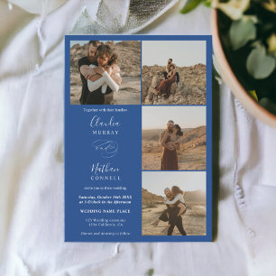 Modern 4 Photos elegant script wedding white blue Invitation
