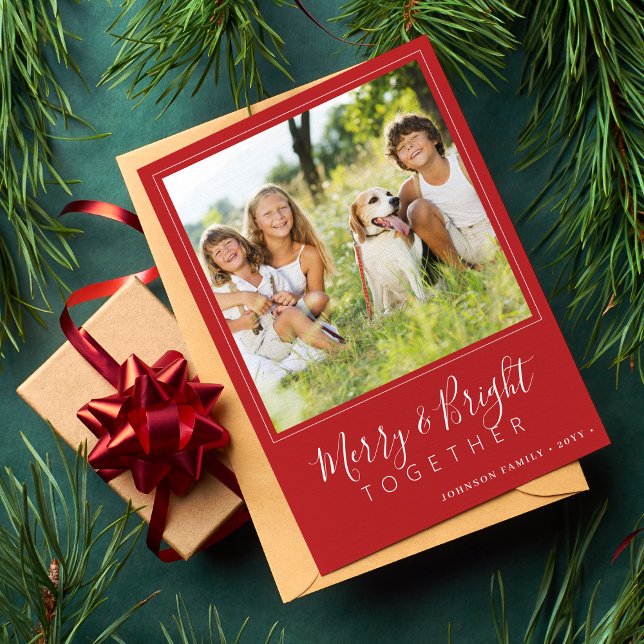 Modern 4 photos Merry and Bright  red Christmas Holiday Card (Creator Uploaded)