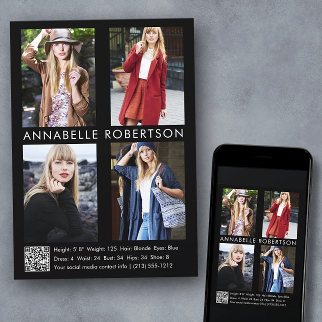 Modern 4 Photos Model Actor QR Code Comp Card (Customize to change background color, text size, style or to add more photos to back of card.)