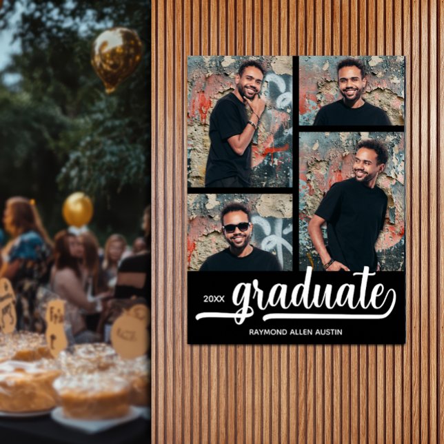 Modern 4 Photos on Black Graduation Poster (Modern 4 photo on black graduation party poster - PRINTED and/or INSTANT DOWNLOAD)
