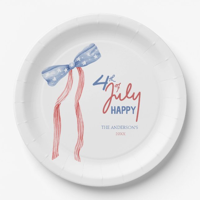 Modern 4th of July Bow Party Patriotic Paper Plate (Front)