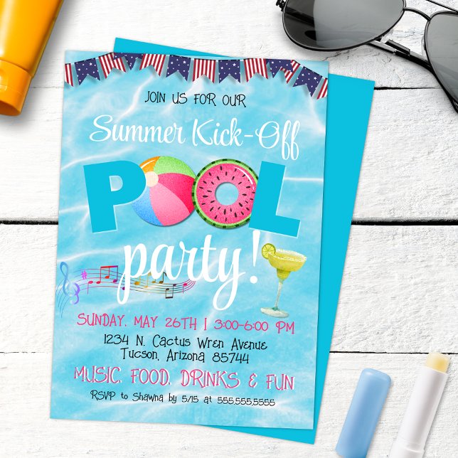 Modern 4th of July Patriotic Pool Party Invitation (Fun Colorful Summer Pool Party Invitation with Modern Music, Margaritas and Music)