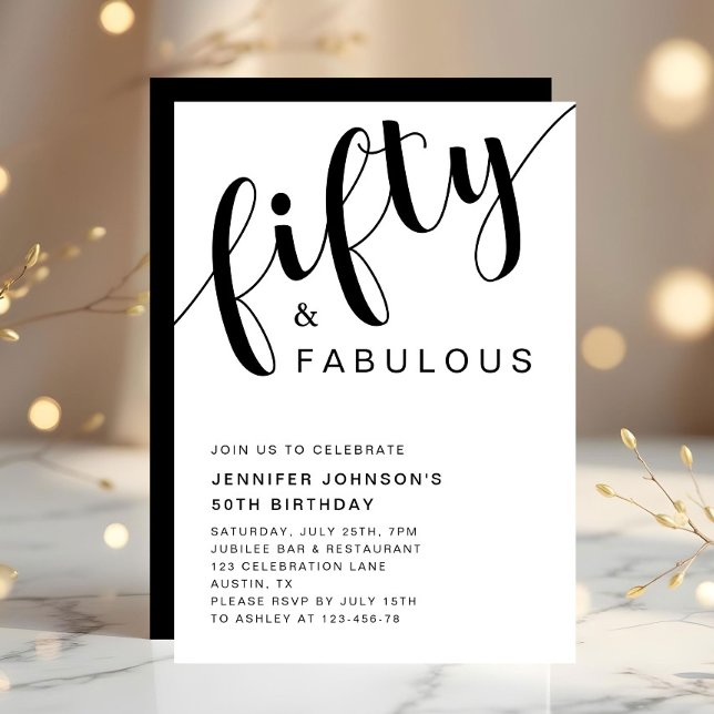 Modern 50 And Fabulous 50th Birthday Invitation (Minimalist Black And White 50th Birthday Invitation)