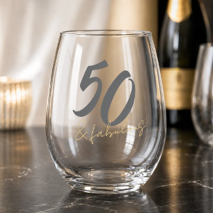 Modern 50 and Fabulous Birthday Stemless Wine Glass