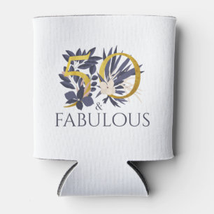 Modern 50 and Fabulous Gold Blue Typography Floral Can Cooler