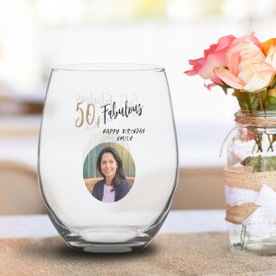 Modern 50 and Fabulous Photo 50th Birthday Stemless Wine Glass