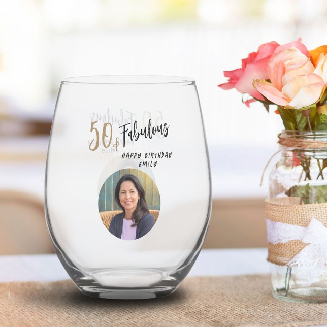 Modern 50 and Fabulous Photo 50th Birthday Stemless Wine Glass (Creator Uploaded)