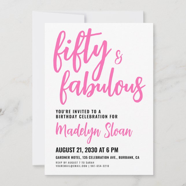 Modern 50 and Fabulous Pink 50th Birthday Party Invitation (Front)