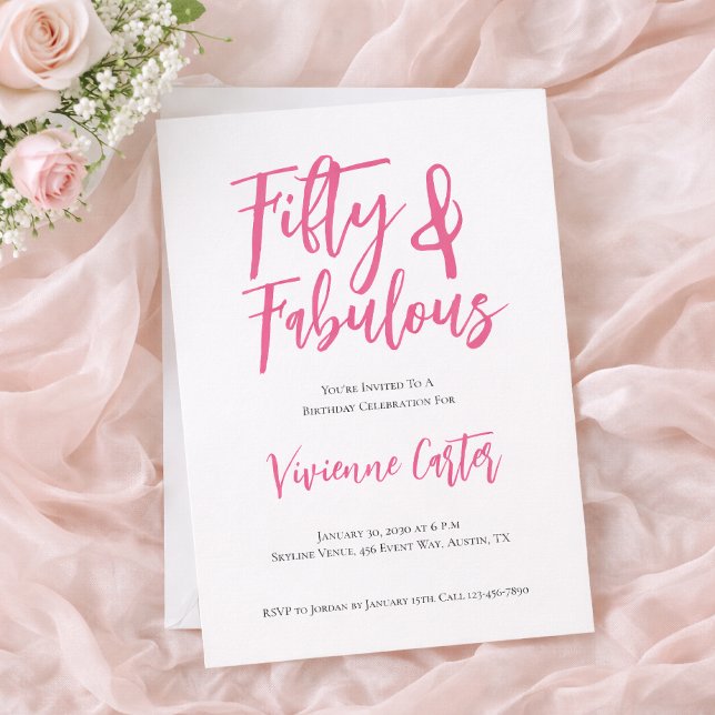 Modern 50 and Fabulous Pink 50th Birthday Party Invitation (Fifty & Fabulous Birthday Invitation for 50th Birthday)