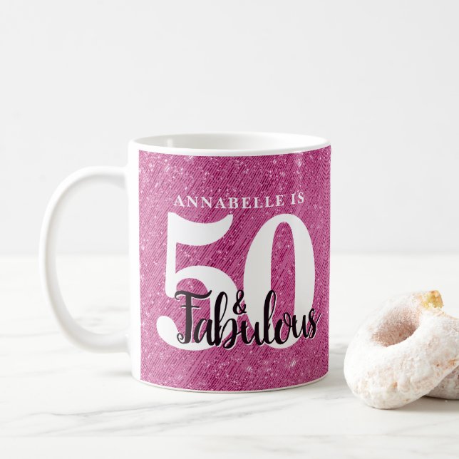 Modern 50 and Fabulous Pink Sparkle Birthday Party Coffee Mug (With Donut)