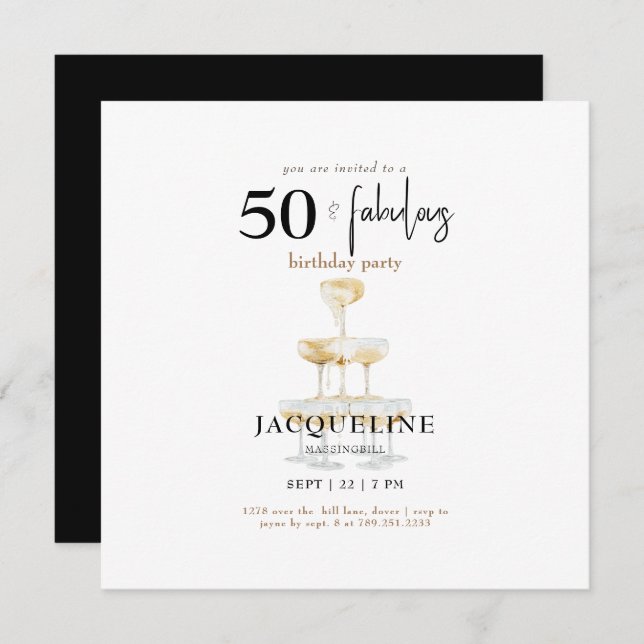 Modern 50 & Fabulous B/W Square Birthday Party (Front/Back)