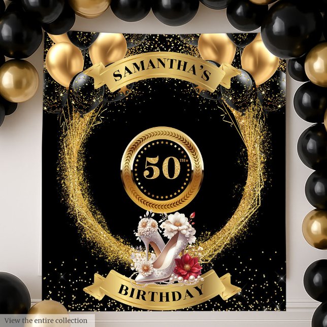 Modern 50th Birthday Backdrop White High Heels Tapestry (Modern 50th Birthday Backdrop White High Heels)