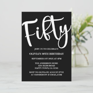 Modern 50th Birthday Black and White Invitation
