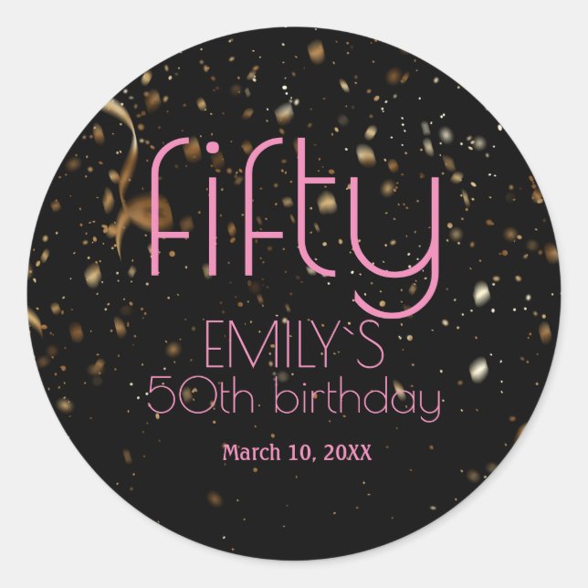 Modern 50th Birthday Black Gold Confetti  Classic Round Sticker (Front)