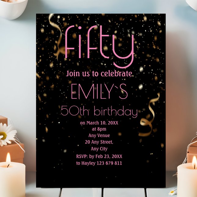 Modern 50th Birthday Black Gold Confetti  Invitation (Creator Uploaded)