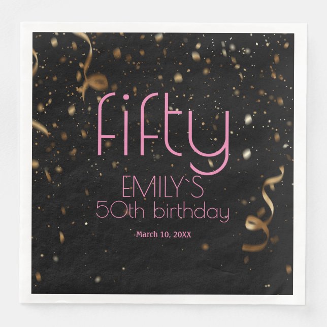 Modern 50th Birthday Black Gold Confetti  Napkin (Front)