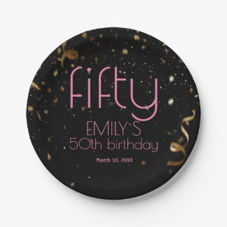 Modern 50th Birthday Black Gold Confetti  Paper Plate