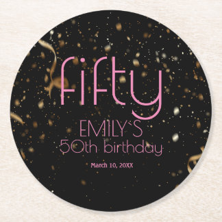 Modern 50th Birthday Black Gold Confetti  Round Paper Coaster