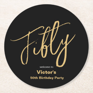 Modern 50th Birthday Black Gold Typography Custom Round Paper Coaster