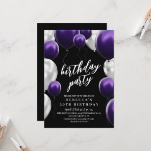 Modern 50th Birthday Black Purple Balloons Invitation