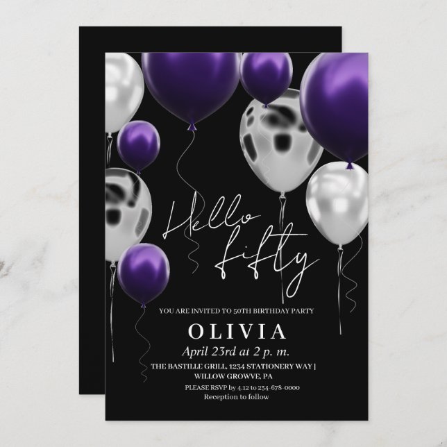 Modern 50th Birthday Black Silver Purple Balloons  Invitation (Front/Back)
