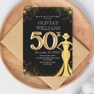 Modern 50th Birthday Chic Black Gold Dress Shine  Invitation