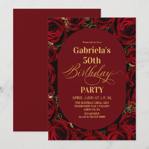  Modern 50th Birthday Elegant Red Gold Floral Invitation