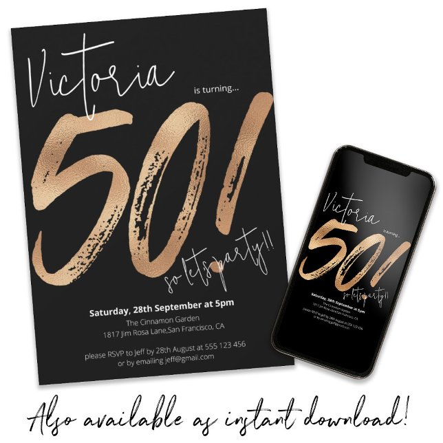 Modern 50th Birthday Gold Black Sassy Minimalist Invitation (Creator Uploaded)