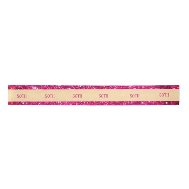 Modern 50th Birthday Gold Hot Pink Glittery Glam  Satin Ribbon (Front)