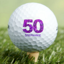 Modern 50th birthday golf balls purple initials