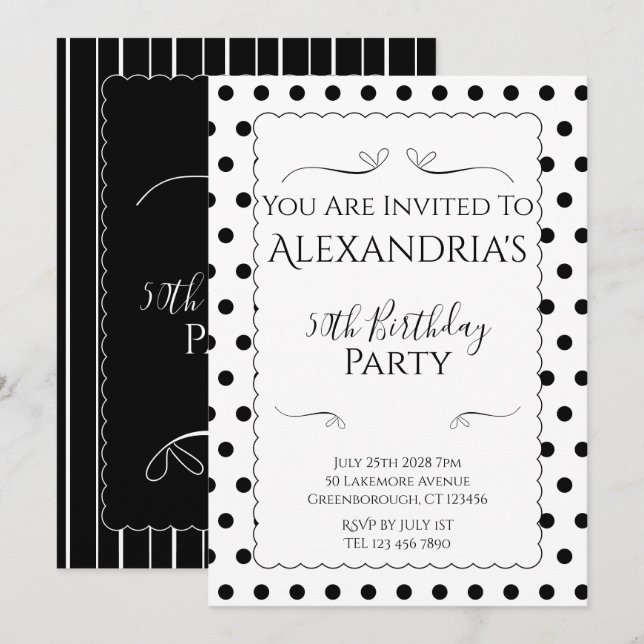 Modern 50th Birthday Party Black and White Invitation (Front/Back)