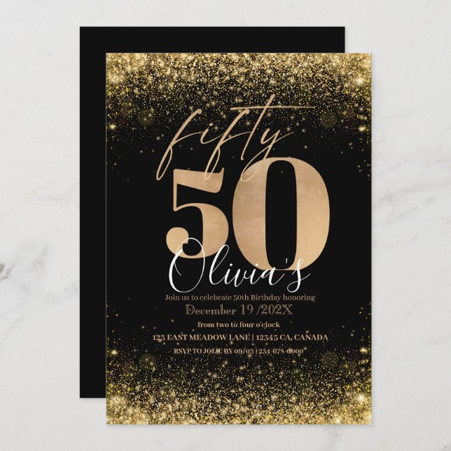 Modern 50th Birthday Party Black Gold Glitter Invitation (Front/Back)