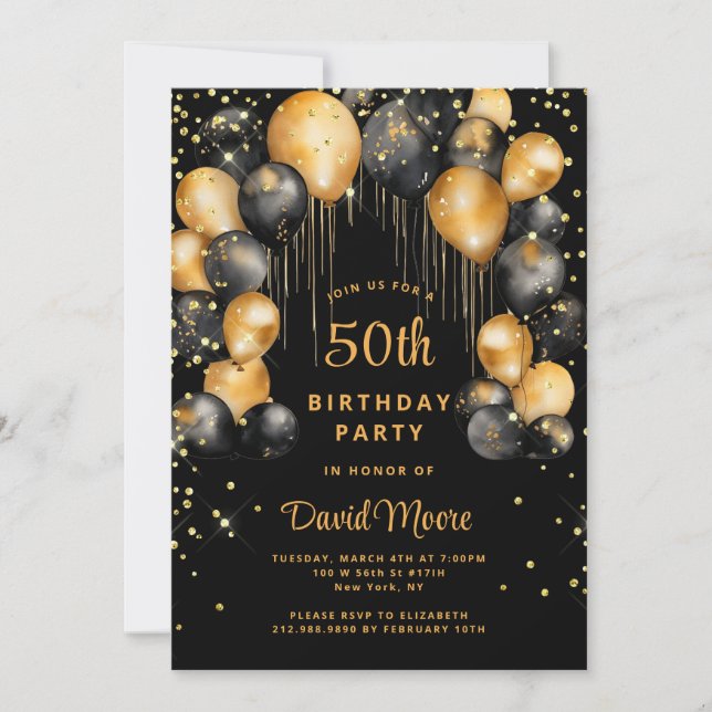 Modern 50th Birthday Party Black Gold  Invitation (Front)