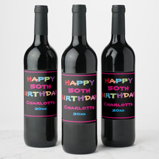Modern 50th Birthday Personalised Name Colourful Wine Label (Bottles)