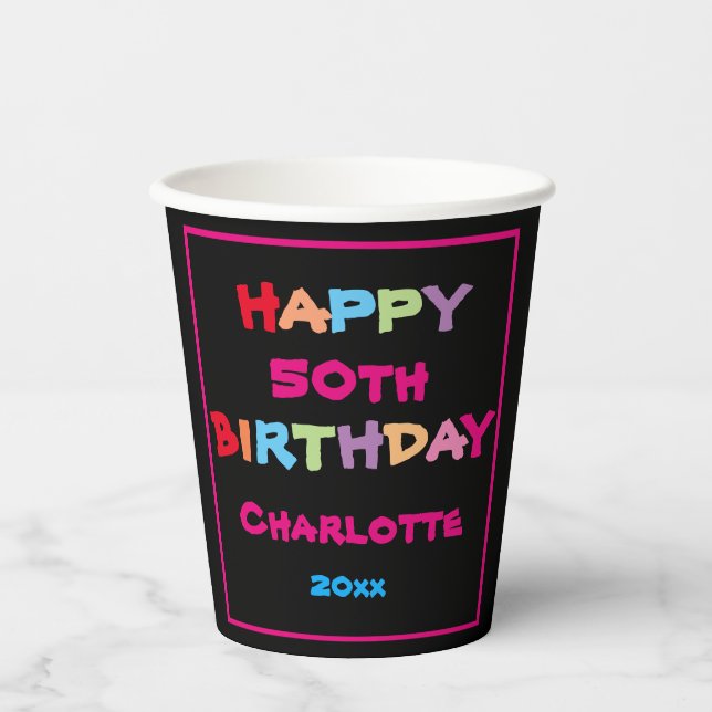 Modern 50th Birthday Personalised Name Cute Paper Cups (Front)