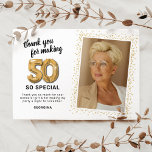 Modern 50th Birthday Photo Thank You Card<br><div class="desc">Elegant fiftieth birthday party thank you cards featuring a simple white background that can be changed to any colour,  a photo of the birthday girl / boy,  gold sparkly glitter,  fifty gold hellium balloons,  and a modern thank you template that is easy to personalise.</div>