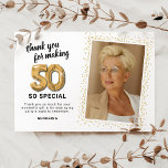 Modern 50th Birthday Photo Thank You Card<br><div class="desc">Elegant fiftieth birthday party thank you cards featuring a simple white background that can be changed to any colour,  a photo of the birthday girl / boy,  gold sparkly glitter,  fifty gold hellium balloons,  and a modern thank you template that is easy to personalise.</div>