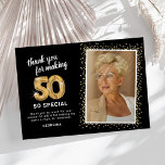 Modern 50th Birthday Photo Thank You Card<br><div class="desc">Elegant fiftieth birthday party thank you cards featuring a stylish black background that can be changed to any colour,  a photo of the birthday girl / boy,  gold sparkly glitter,  fifty gold hellium balloons,  and a modern thank you template that is easy to personalise.</div>