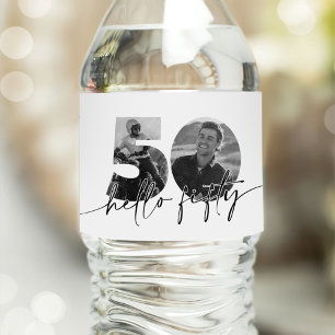 Modern 50th Birthday Photo Water Bottle Label