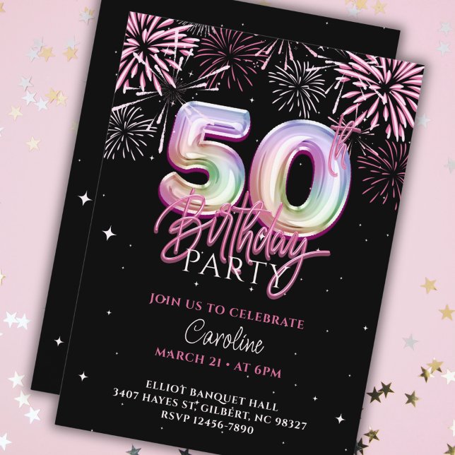 Modern 50th Pink Foil Balloon Fireworks Birthday Invitation (Creator Uploaded)