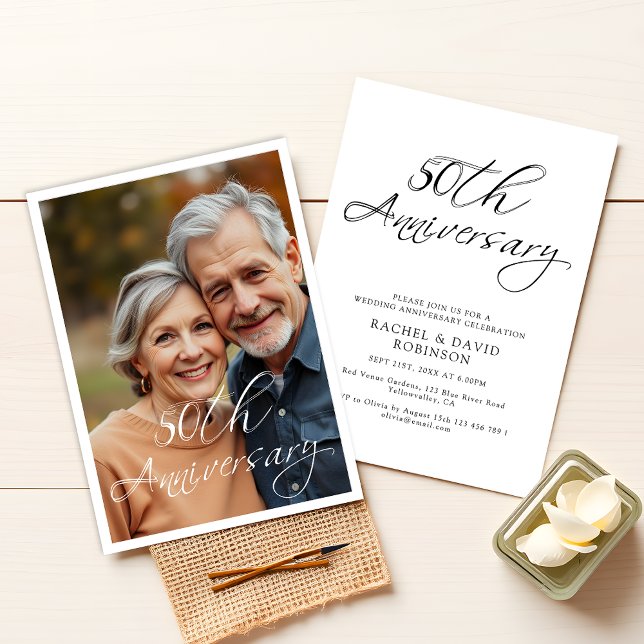 Modern 50th Wedding Anniversary Black Script Photo Invitation (Creator Uploaded)