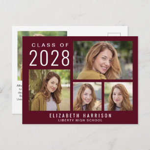 Modern 5 Photo Burgundy Graduation Announcement Postcard